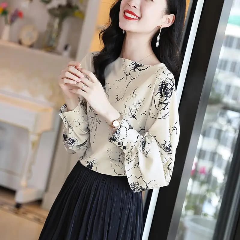 Stile francese Vintage moda primavera donna o-collo stampa bottone temperamento ufficio signora manica lunga camicia in Chiffon sciolto top