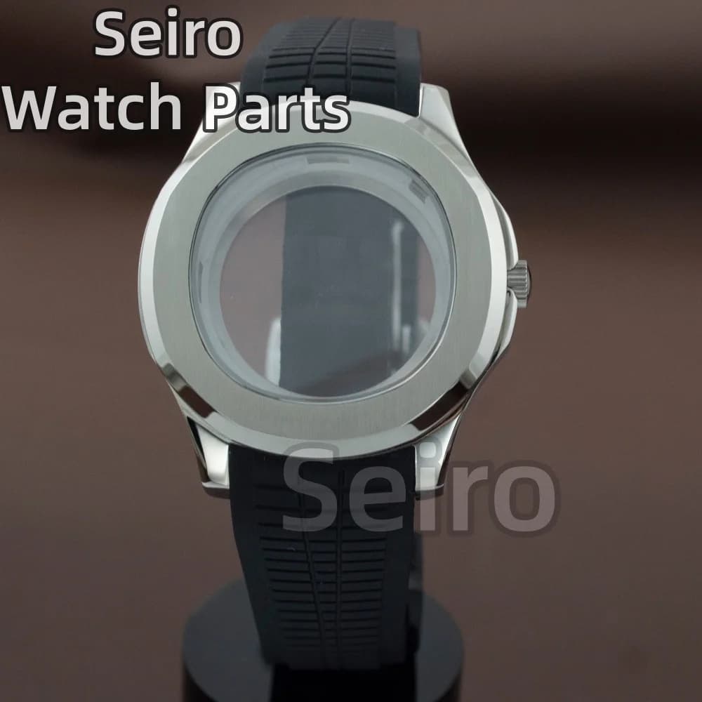 Watch Case 42mm with Rubber Strap and Sapphire Glass for Movement NH34 NH35 NH36 NH38 NH70, Compatible with Nautilus AQUANAUT