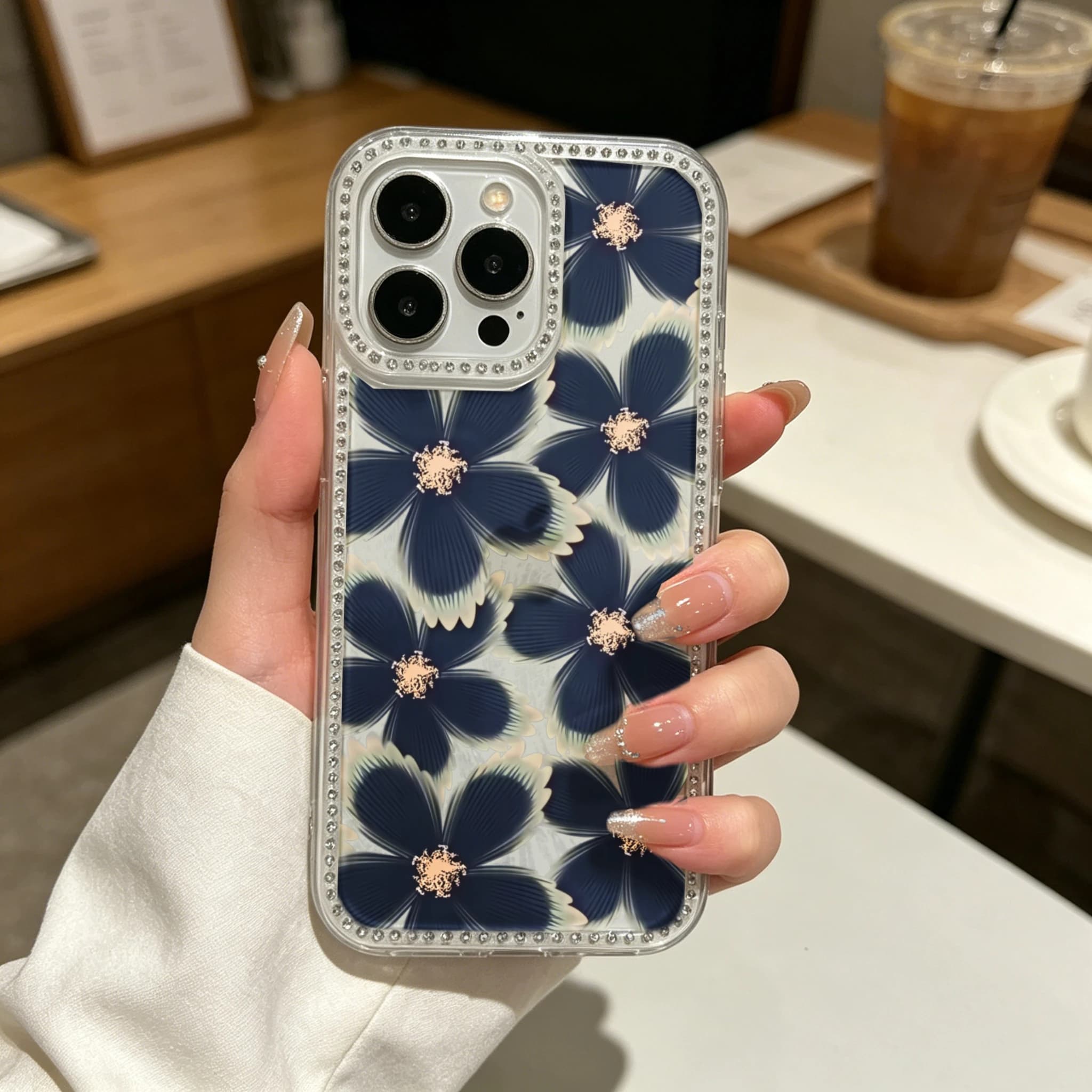 Clear Bling Rhinestone TPU Phone Case Elegant Floral, Navy Blue Flowers With Rhinestone Accents And Pearl Border Design Shockproof Slim Protective Cover for iPhone 12-16 All Models