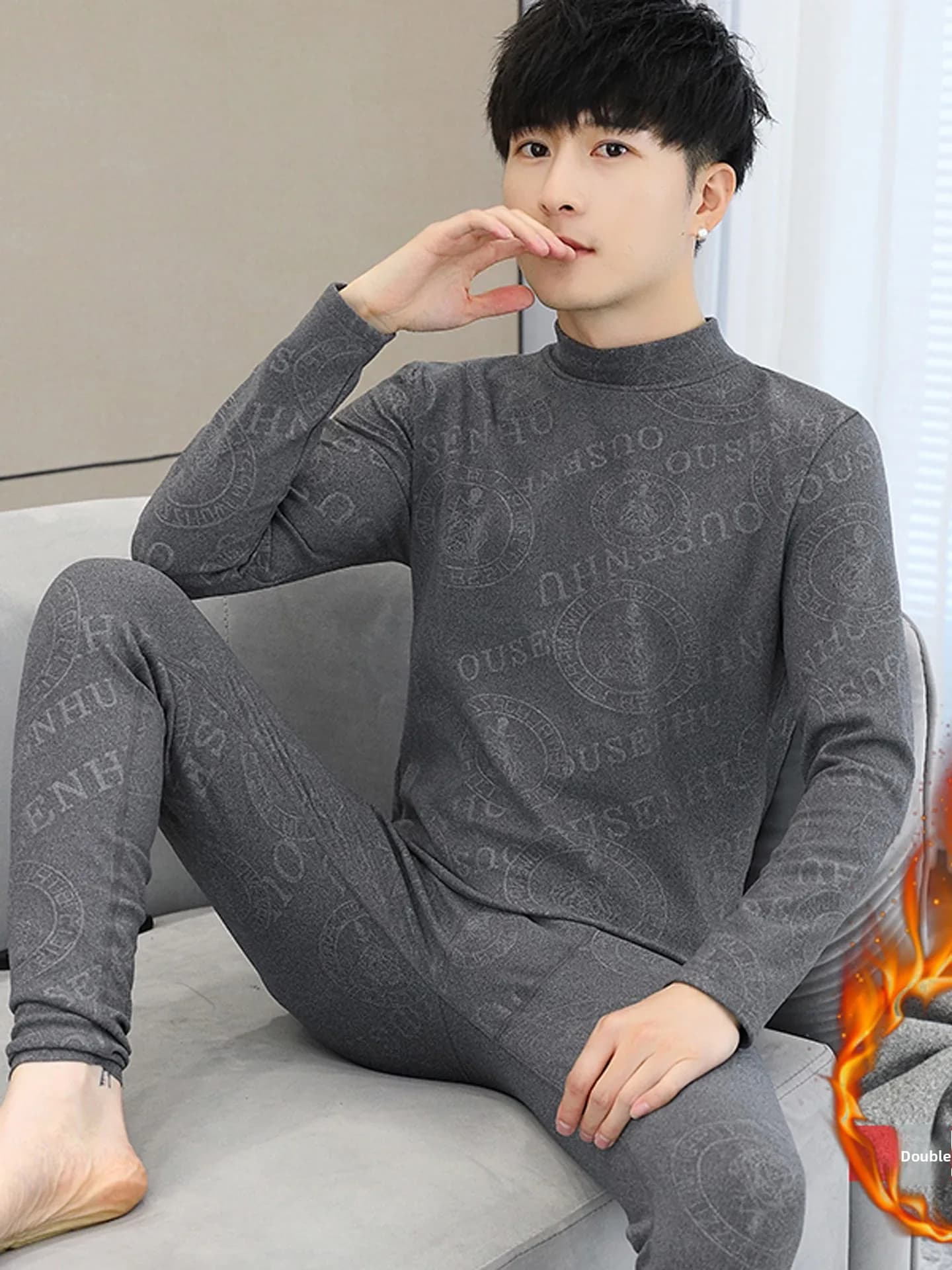 Warm Thermal Underwear Set for Men Double-sided Velvet f-high Collar T-irt Letter Pattern Autumn Clothes Two Pieces Set