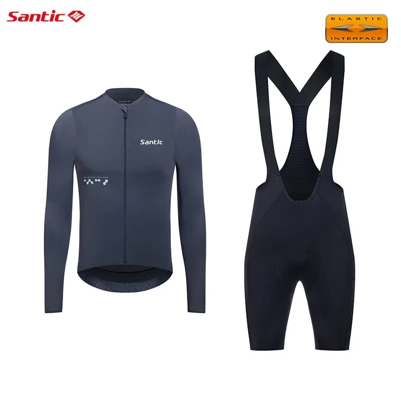 Santic Set da ciclismo da uomo Traspirante Asciugatura rapida 6 ore Cuscino da ciclismo Manica lunga Protezione solare sottile Pantaloncini con bretelle da bicicletta Tute