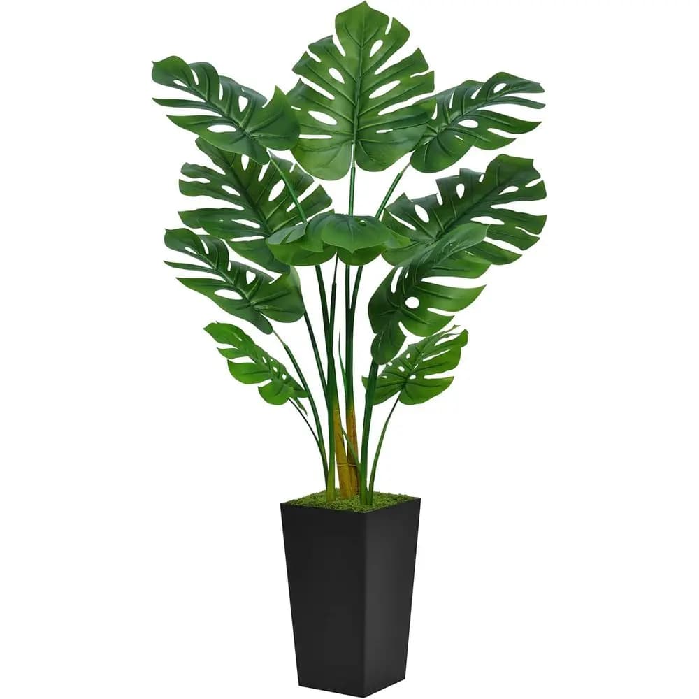 Artificial Plant Monstera Deliciosa - Alta 1.5m Tropical Palm with Black Vase - Floor Plant with Swiss Cheese Shape Sheets for Home and Office