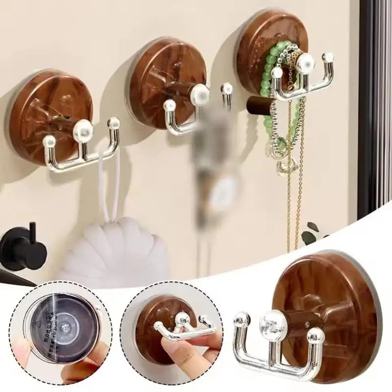 2 Pezzi Ganci a Ventosa Durevoli Effetto Legno Senza Foratura Riutilizzabili Doppi Ganci Salvaspazio Organizzatore Appendiabiti da Parete per la Casa
