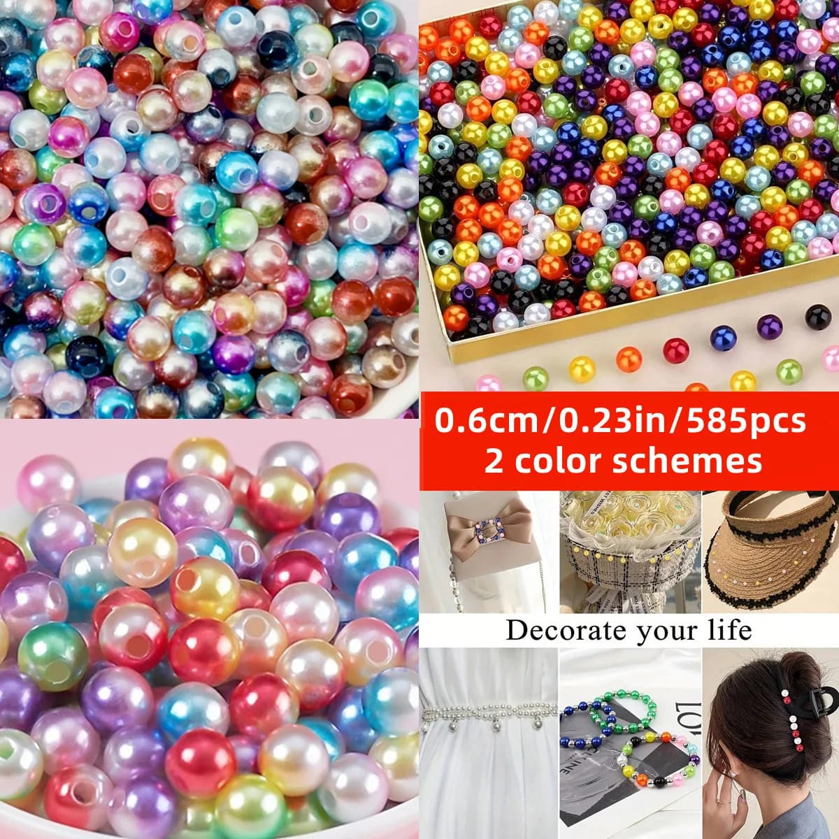 6 mm 585 pezzi, 2 combinazioni di colori, perline acriliche colorate per la creazione di gioielli - Perline rotonde con foro dritto per braccialetti fai da te