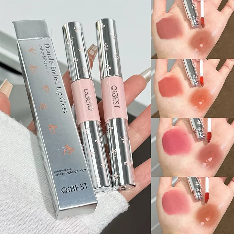 QIBEST Double Head Matte Velvet Liquid Lipstick And Watery Lip Gloss Tint Long Lasting Nude Orange Lip Glaze Korean Cosmetics