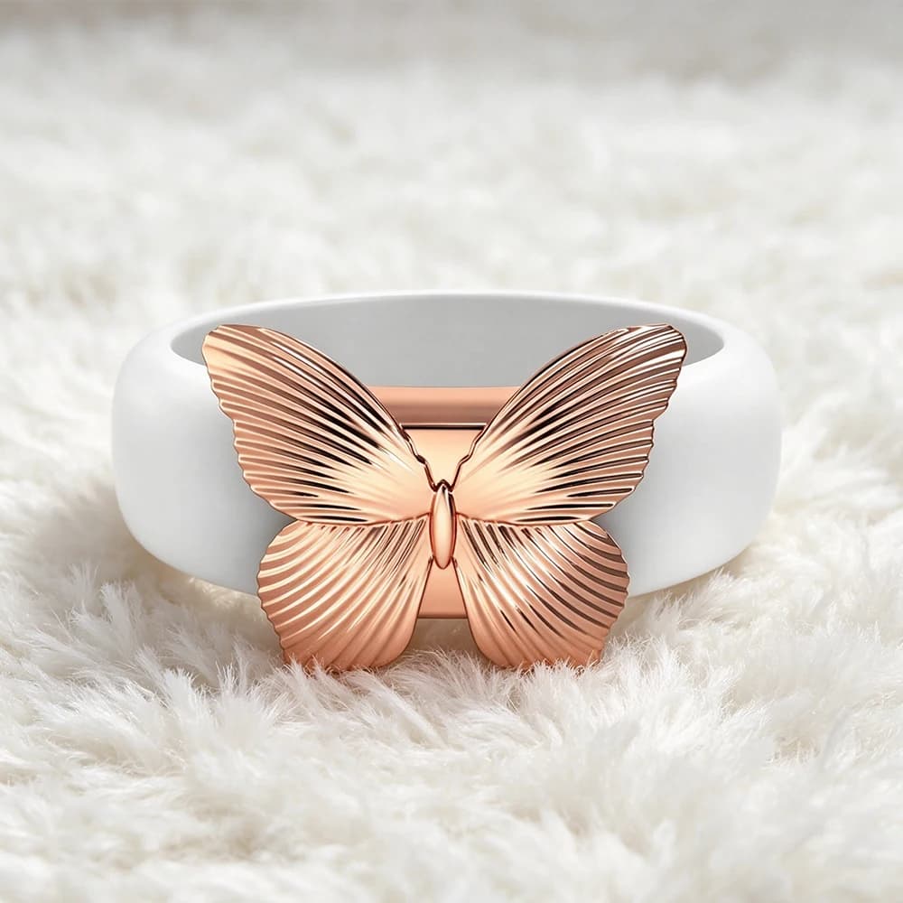 White Silicone Band Butterfly Ring, Rose Gold Plated Butterfly Charm Statement Ring, Hypoallergenic Chunky Stackable Ring for Wo