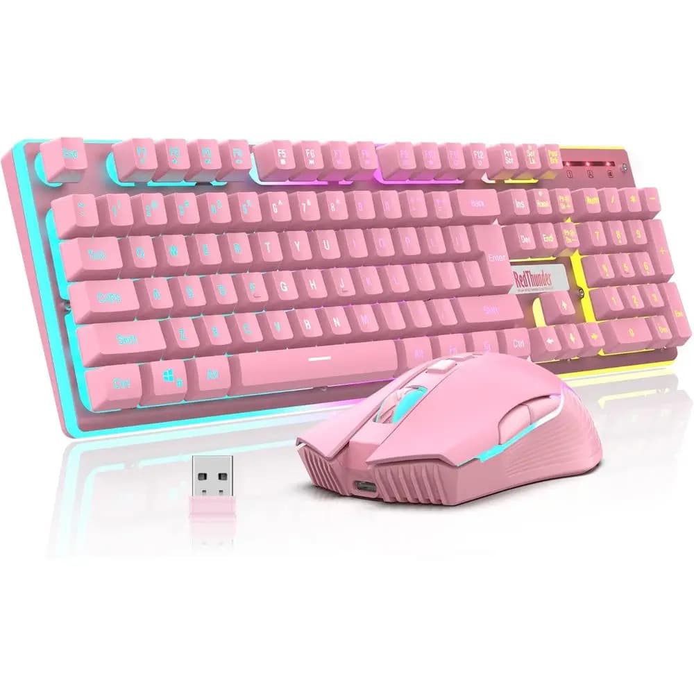 Set tastiera e mouse da gioco wireless, retroilluminazione a LED, batteria ricaricabile da 3800 mAh, tasti meccanici anti-ghosting + mouse da gioco 7D 3200 DPI