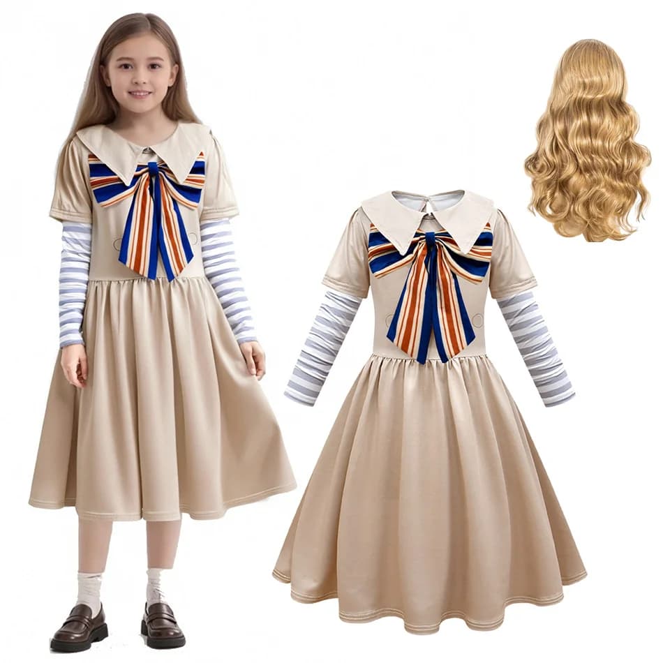 Kids Preppy School Dress Fake Two Piece Striped Long Sleeve Outfit with Sailor Collar Big Striped Bow for Graduation Daily Wear