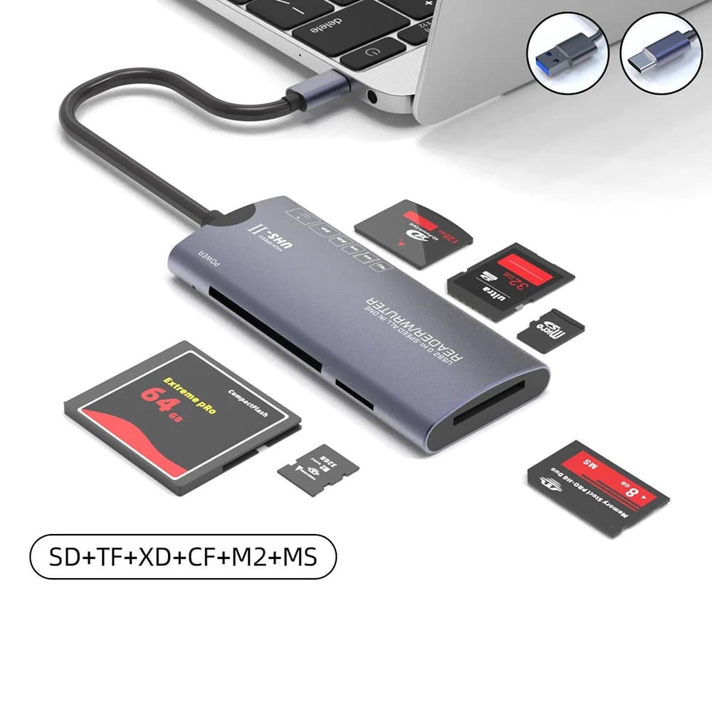 Lettore di schede USB C tipo C Micro SD TF XD CF M2 Adattatore per visualizzazione scheda MS Dongle per scrittura scheda di memoria per fotocamera di raffreddamento in lega di alluminio