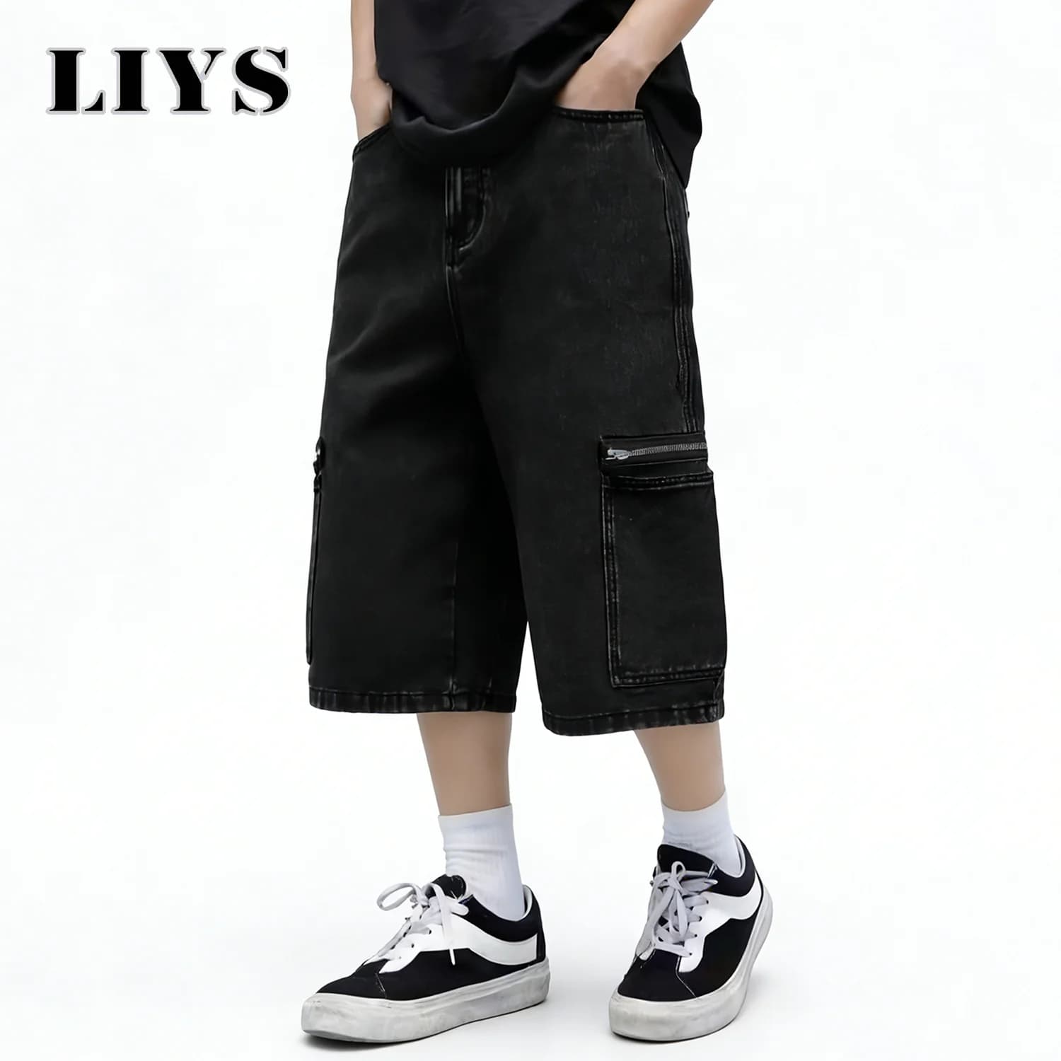 LIYS Cargo pants Jeans Capri Black American Style Retro Ultra Wide Gamba Larga, Denim Shorts Street Summers with Multi Pockets, Men's Cowboy Salopette