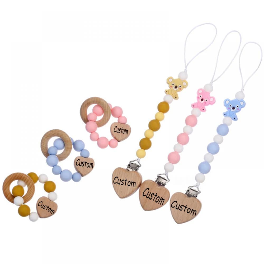 Nome personalizzato Catena per ciuccio per bambini personalizzata in legno Perline in silicone Porta capezzoli fittizio Guardia Massaggiagengive Ciondolo Regali per bambini Roba