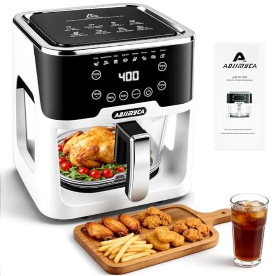 Friggitrice ad aria portatile per uso domestico, contenitore in vetro temperato trasparente da 6.0QT con funzionalità 8-in-1, non tossico.