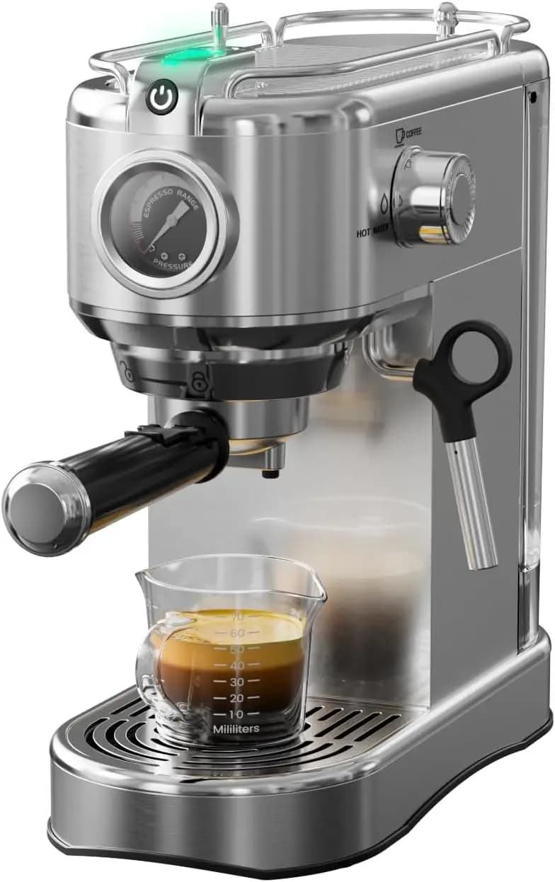 Compact 20 Bar Espresso Machine, 1450W Stainless Steel Professional Coffee Maker with Steam Wand for Latte & Cappuccino