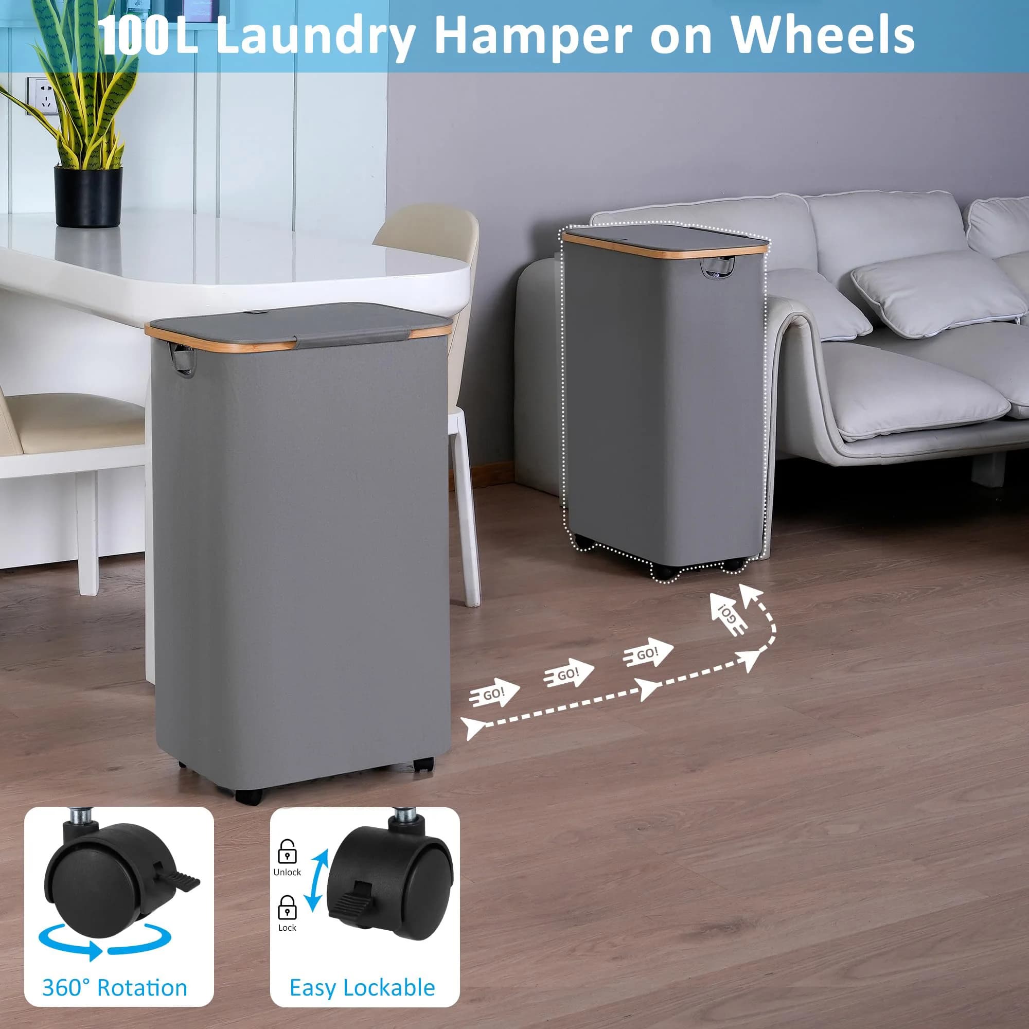 Foldable Clothes Hamper with Wheels and Lid,110L (29 Gal) Basket with Bamboo Handles, for Dorm, Bedroom, Laundry Room, Bathroom