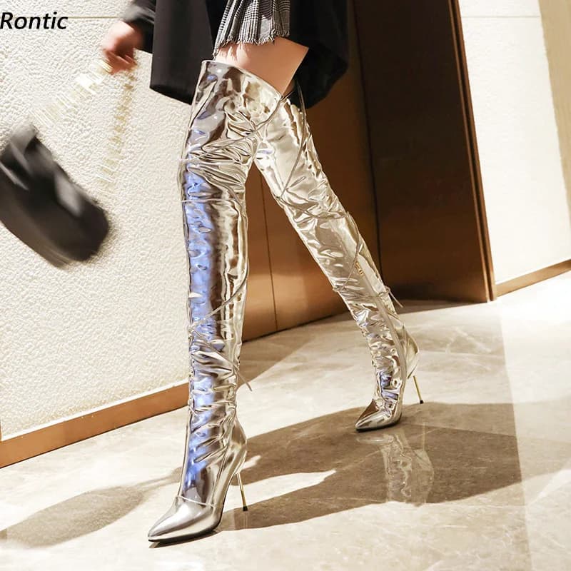 Rontic Stivali invernali da donna alla coscia con cerniera laterale in vernice Tacchi in metallo Punta a punta Splendidi scarpe da festa argento nero beige Taglia 5-15