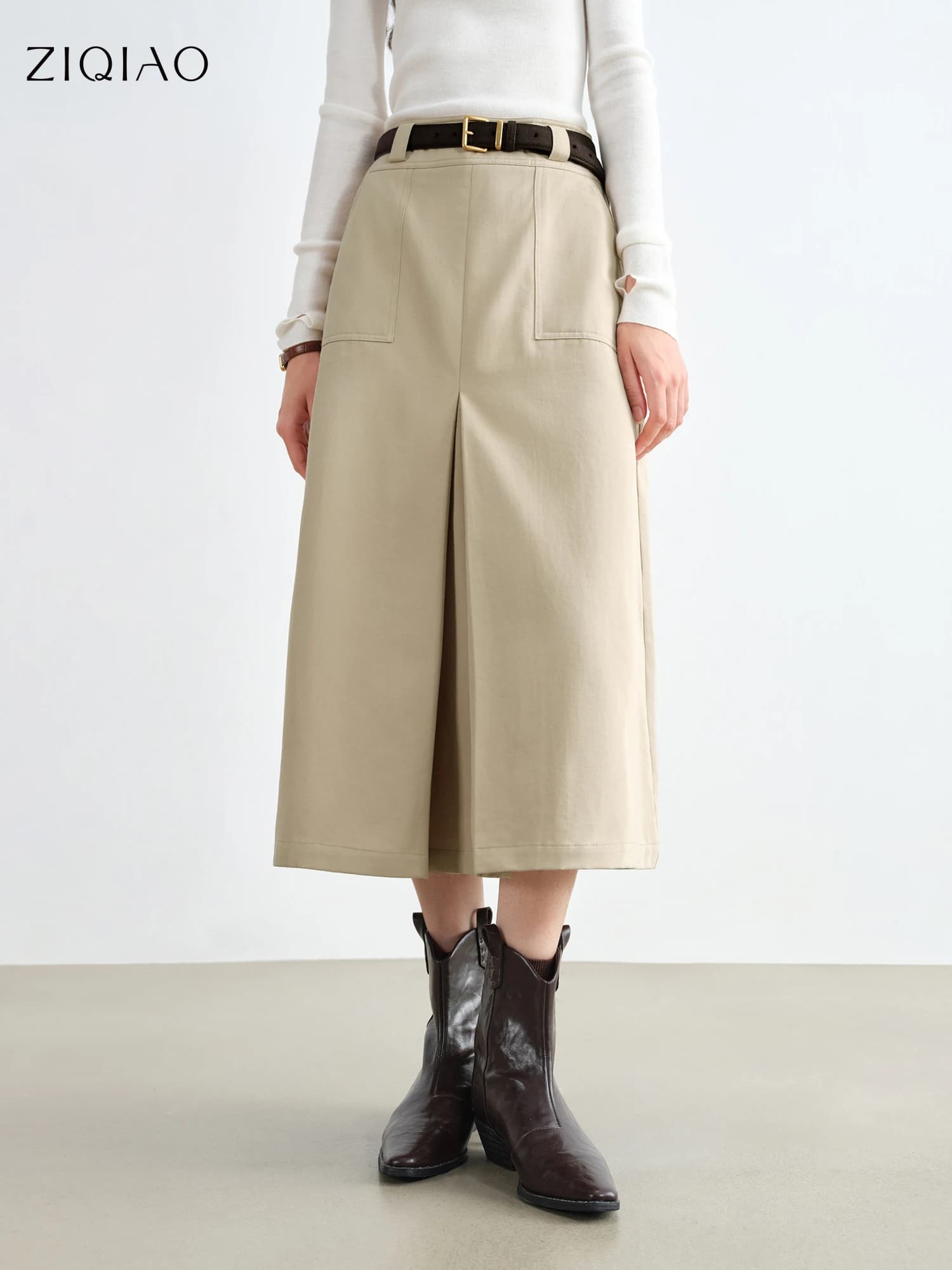 ​ZIQIAO 2025 Women's Knife Pleats Midi Skirt - Office Casual Straight Cut Hip Slimming Work Skirt with Pencil Silhouette​