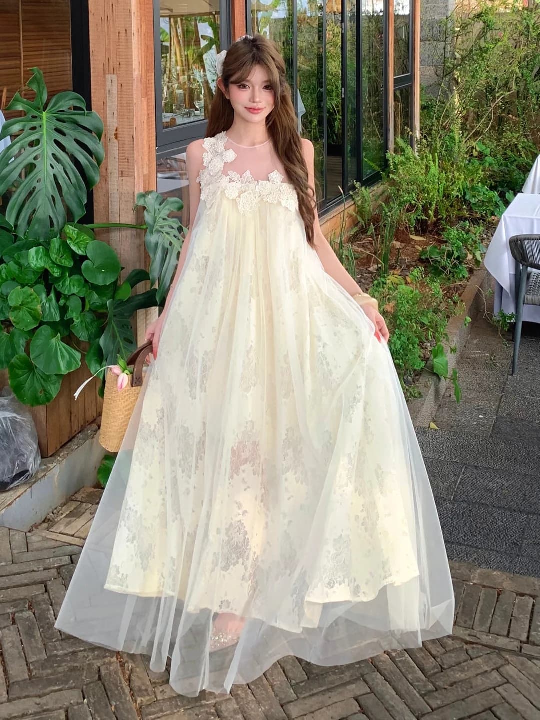Elegante Abito da Sposa Bianco in Pizzo con Fiori 3D Stile Principessa, Abito da Fidanzamento a Vita Alta con Gonna a Trapezio