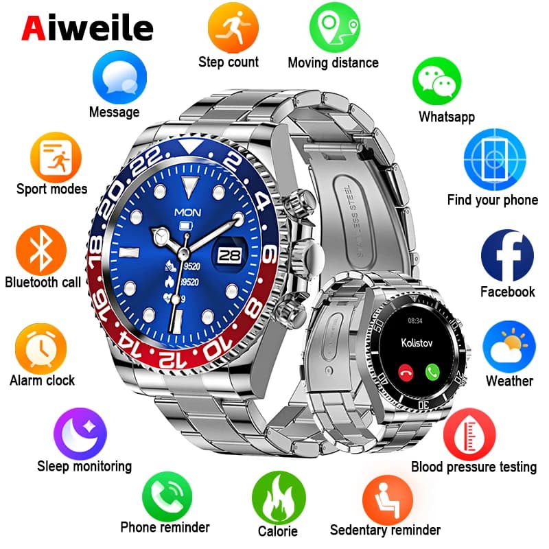 High-end Luxury Smart Watch Men Miltary Smartwatch AW12 Android IOS Stainless Steel Connected Replica Calculator Bluetooth Alarm Clock