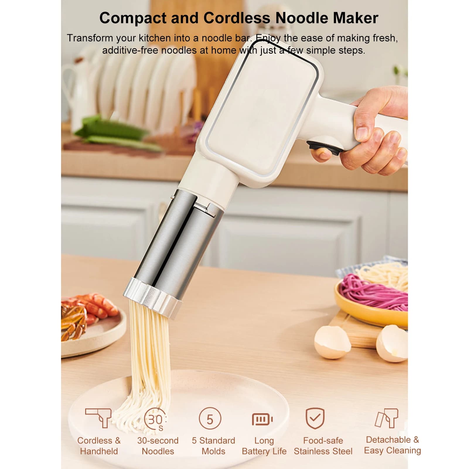 Cordless Handheld Noodle Maker, Portable Electric Pasta Machine 2Sausage Making Tool, Rechargeable Auto Noodle Pressing Machine