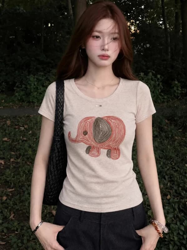 Slim Fit Short Sleeve T-Shirt Women's Fashionable Korean Style Summer New Sweet Print Pink Color Commute Style round Neck Top