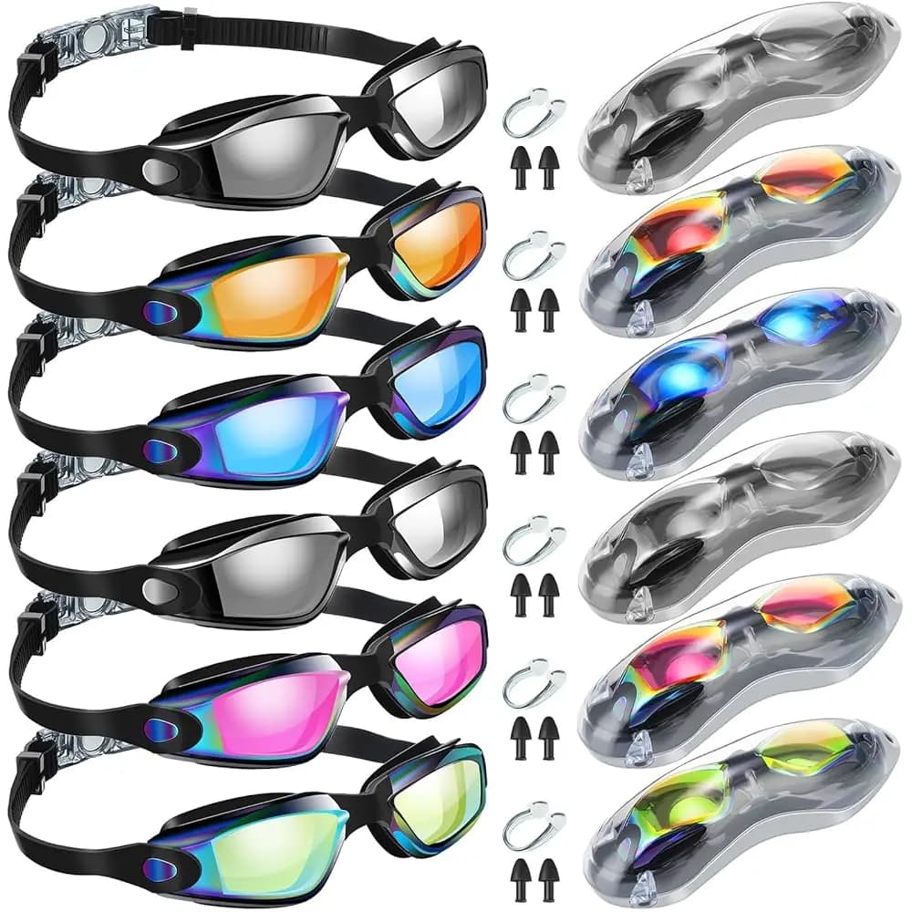 Confezione da 6 Occhialini da Nuoto per Uomo, Antiappannamento, Protezione UV, Senza Perdite, con Tappi per le Orecchie e Clip Nasale, Regalo Estivo per la Famiglia