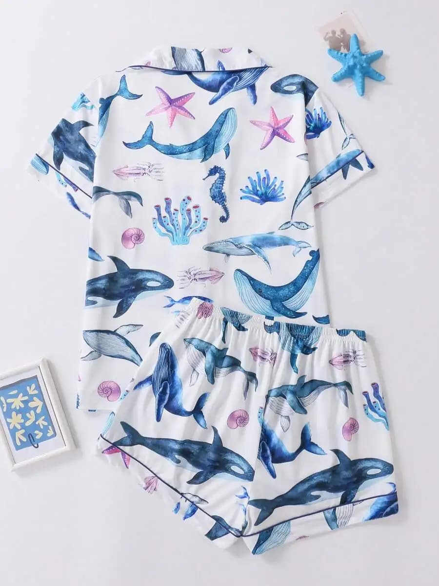 2pcs Womens Whale Print Pajama Set Collared Button-Up Short Sleeve Top Elastic Waist Shorts All Season