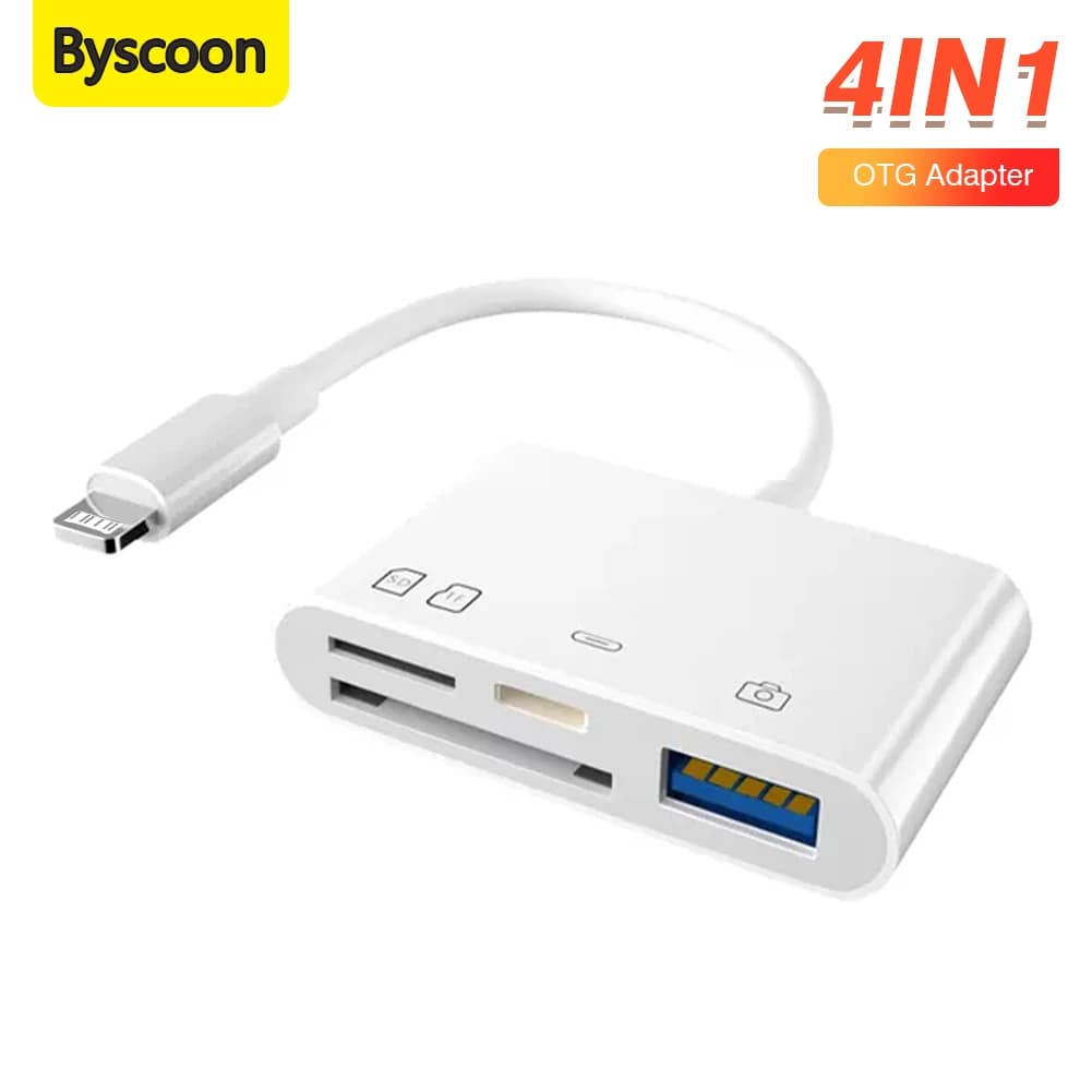Lettore di schede Byscoon 4in1 da fulmine a SD TF per iPhone 14 13 12 Pro Max Convertitore di ricarica per iPad per lettore di schede iOS Adattatore OTG