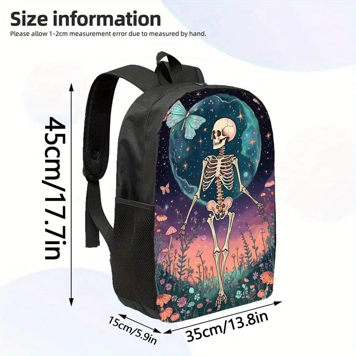 JIT 1pc, Skull backpack, large capacity 17 inch casual backpack, laptop bag with bottle holders - Lightweight