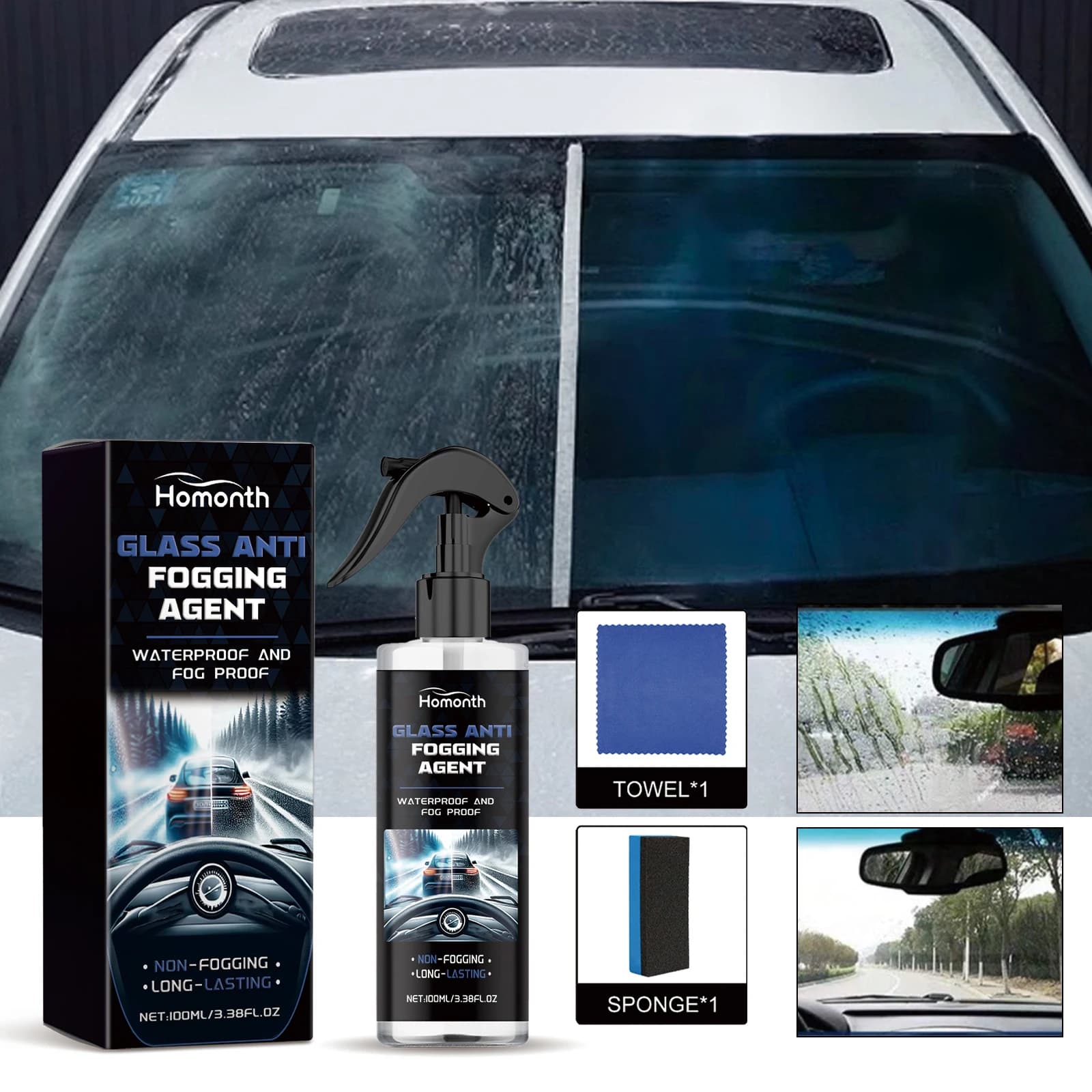 Homonth 100ml Auto Anti Fog Spray Parabrezza Repellente D'acqua Anti Pioggia Specchietto retrovisore Pulizia Nebbia Repellente Specchio Spray Pulito
