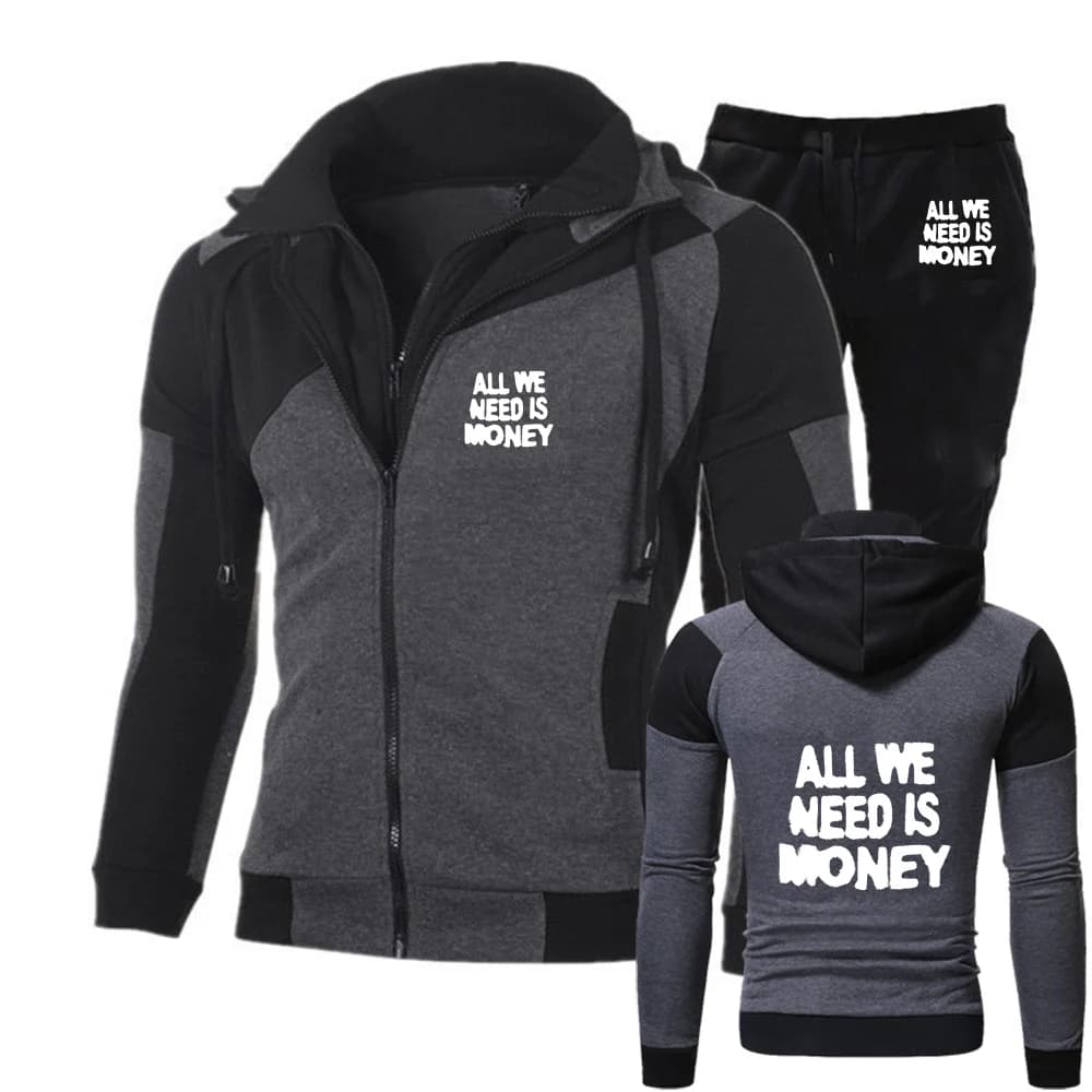 Complete Sporty Man 2026 Streetwear with Graphics 'All We Need Is Money', Hoodie and Diagonal Hinge + Pants Suit, New Spring Autumn Collection