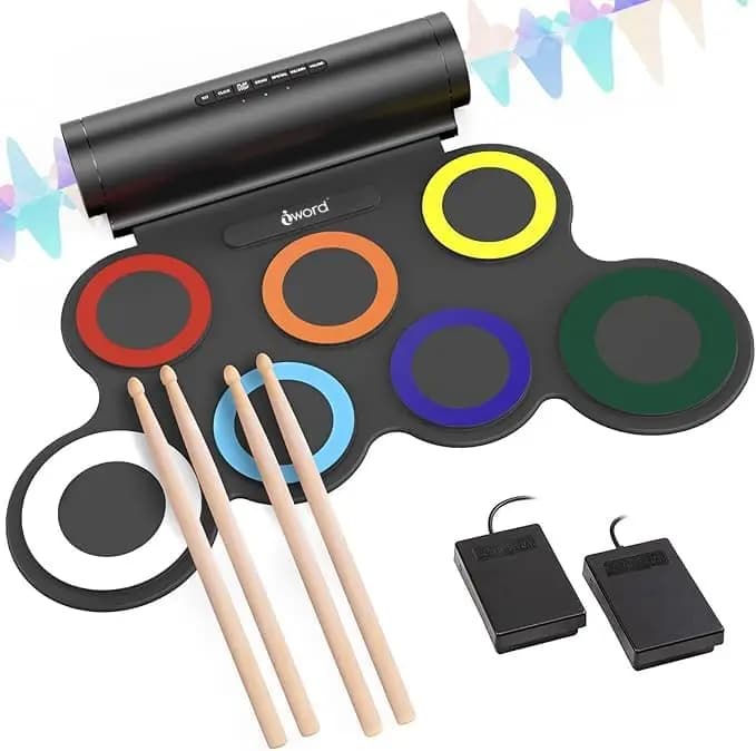 Set di batteria elettronica arrotolabile con 9 pad, pedali, jack per cuffie, altoparlanti integrati, MIDI, batteria ricaricabile da 10 ore