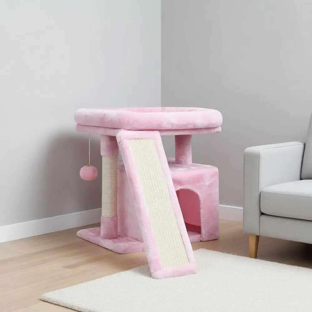 Tiragraffi per Gatti, Torre per Interni con Trespolo, Casetta e Condominio per Gattini e Gatti Adulti (Rosa)