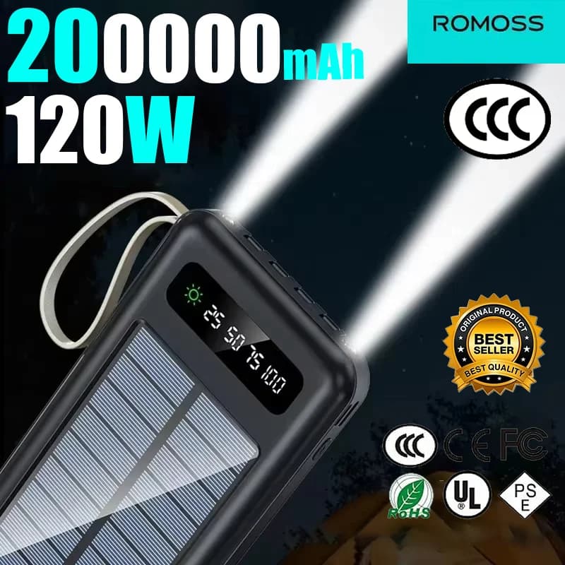ROMOSS Solar Wireless Power Bank 200000mAh Certificazione CCC di grande capacità Ricarica rapida Batteria esterna 3C Emergenza esterna