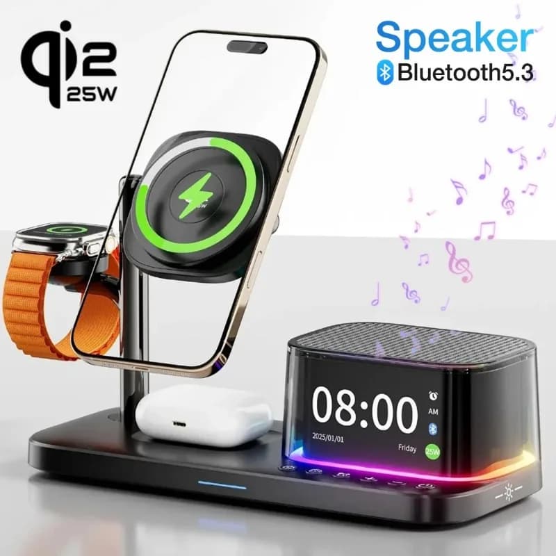 Bluetooth 5.3 Speaker with Quick Magnetic Wireless Charger Qi2.2 25W and Alarm for iPhone 17-12 Pro Max, Apple Watch, Airpods
