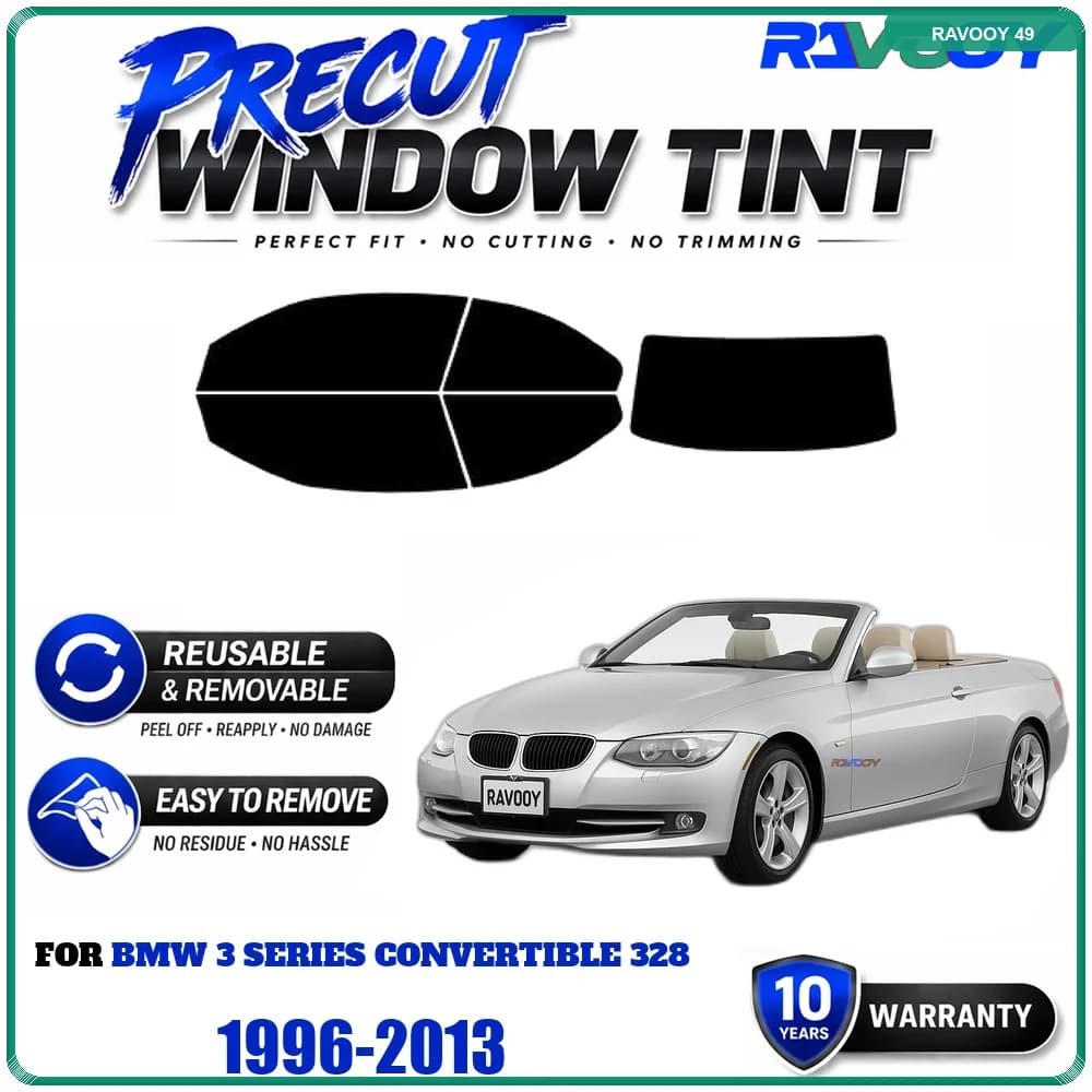 Precut Window Tint, Reusable Removable EPU Film, Custom Fit for Bmw 3 Series Convertible 328 1996-2013, UV Heat Protection