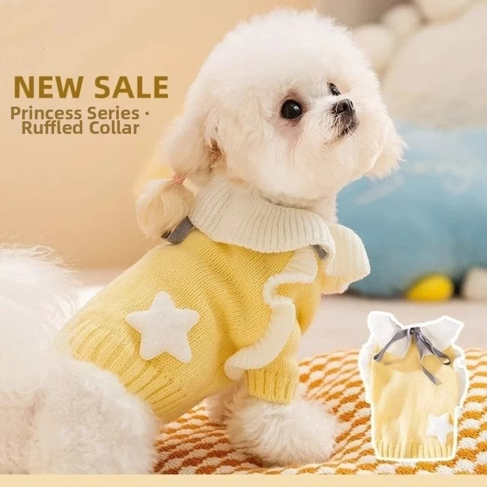 Princess Style Dog Knitted Sweater Warm Soft Two Legs Dog Clothes Star Pattern Ruffled Collar Pet Knitwear Spring Autumn
