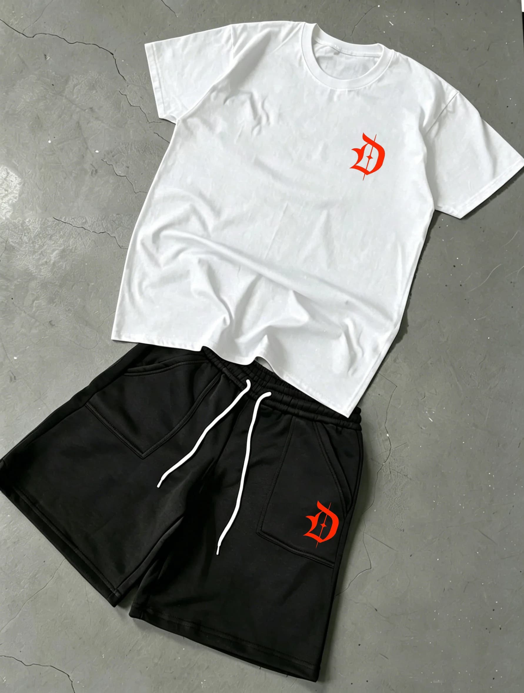 Unisex Red Gothic Small D Logo Print Cotton T-Shirt & Fleece Casual Shorts Matching Set