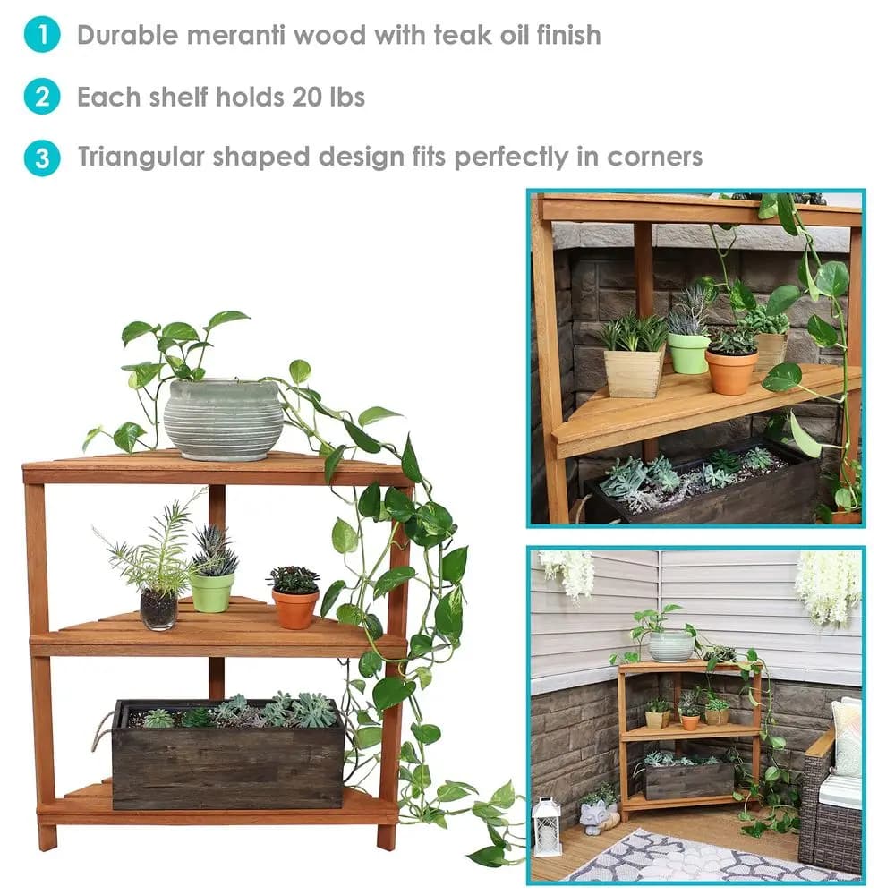 Scaffale Angolare a 3 Livelli in Legno Meranti con Finitura Olio Teak, Porta Piante da Interno ed Esterno, Mobile Porta Vasi in Legno