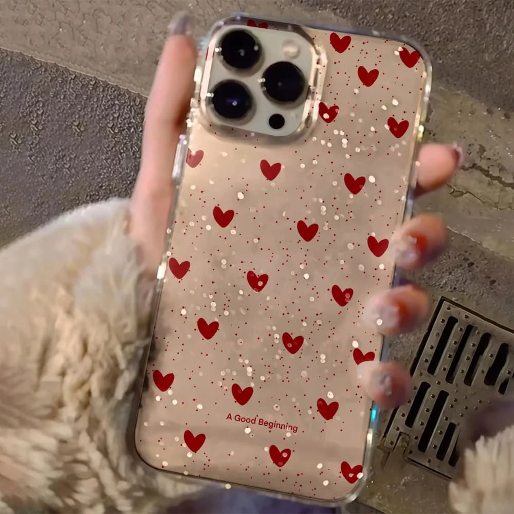 Custodia Morbida Antiurto in TPU con Glitter Trasparente a Cuore Rosa per iPhone 17 13 16 15 11 12 14 Pro Max 17 Air XR X 16e