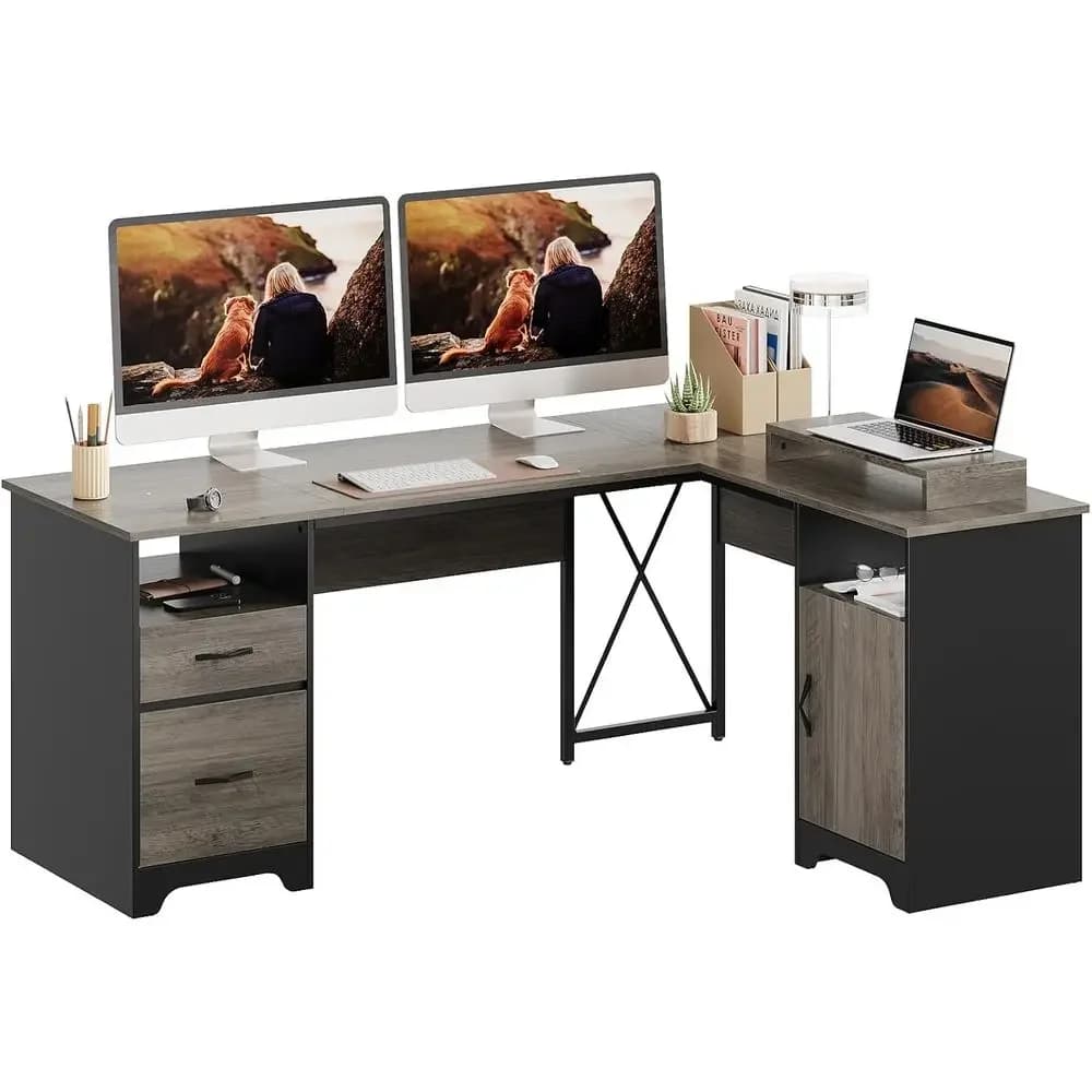 L-Shaped Office Desk with Storage, 63x47 Computer Desk with Monitor Stand and Privacy Panel, Gray