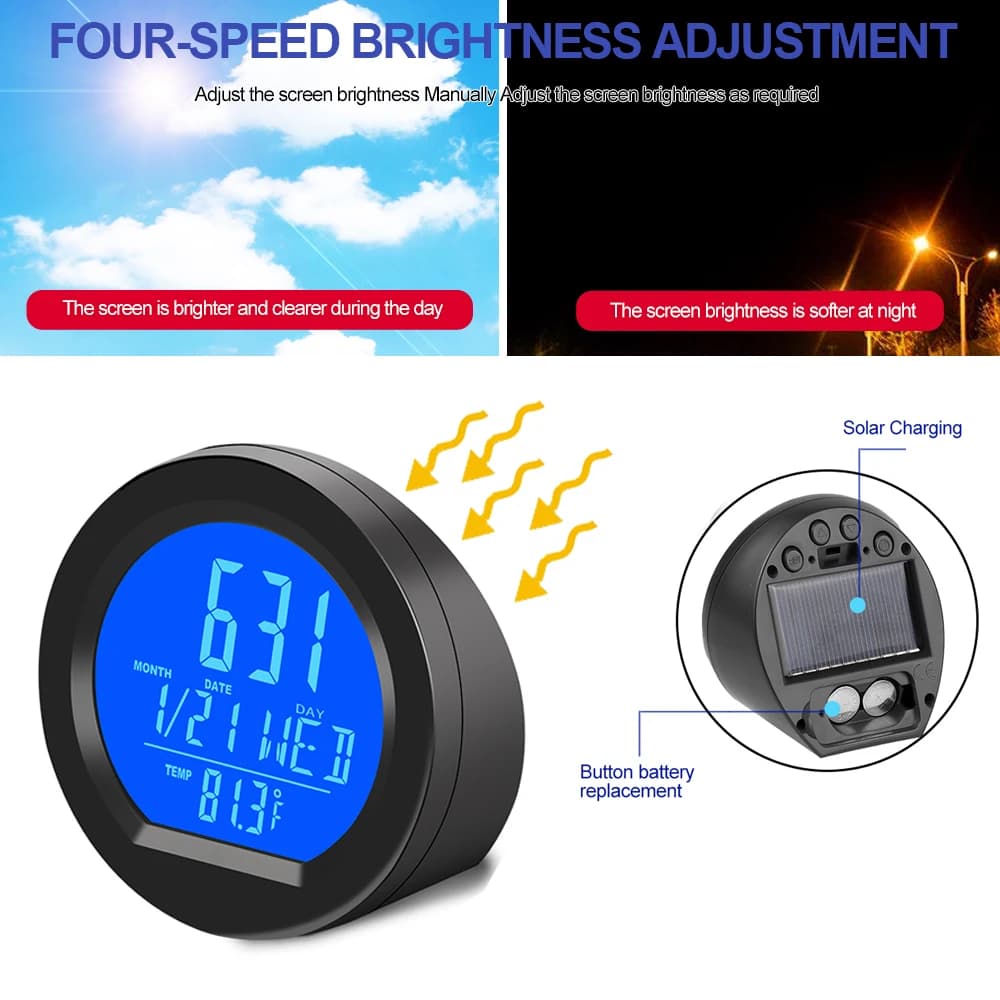 Termometro per orologio per auto a energia solare Interruttore automatico con retroilluminazione Orologio automatico per monitor della temperatura interna del camion del veicolo intelligente