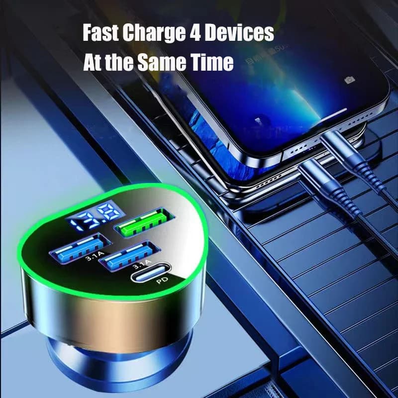 Adattatore per caricabatteria da auto USB C multiporta UYUXIO 4 in 1 con display di tensione Ricarica super veloce per iPhone 16 15 Telefono Android Samsung