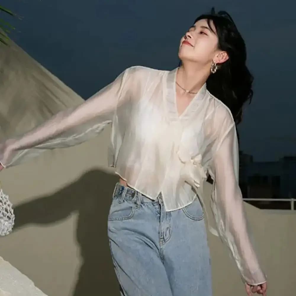 Hanfu Style Modal Ice Silk Shawl Sheer V-Neck Sun Protection Cardigan Translucent Long Sleeve Outerwear Women's Wear