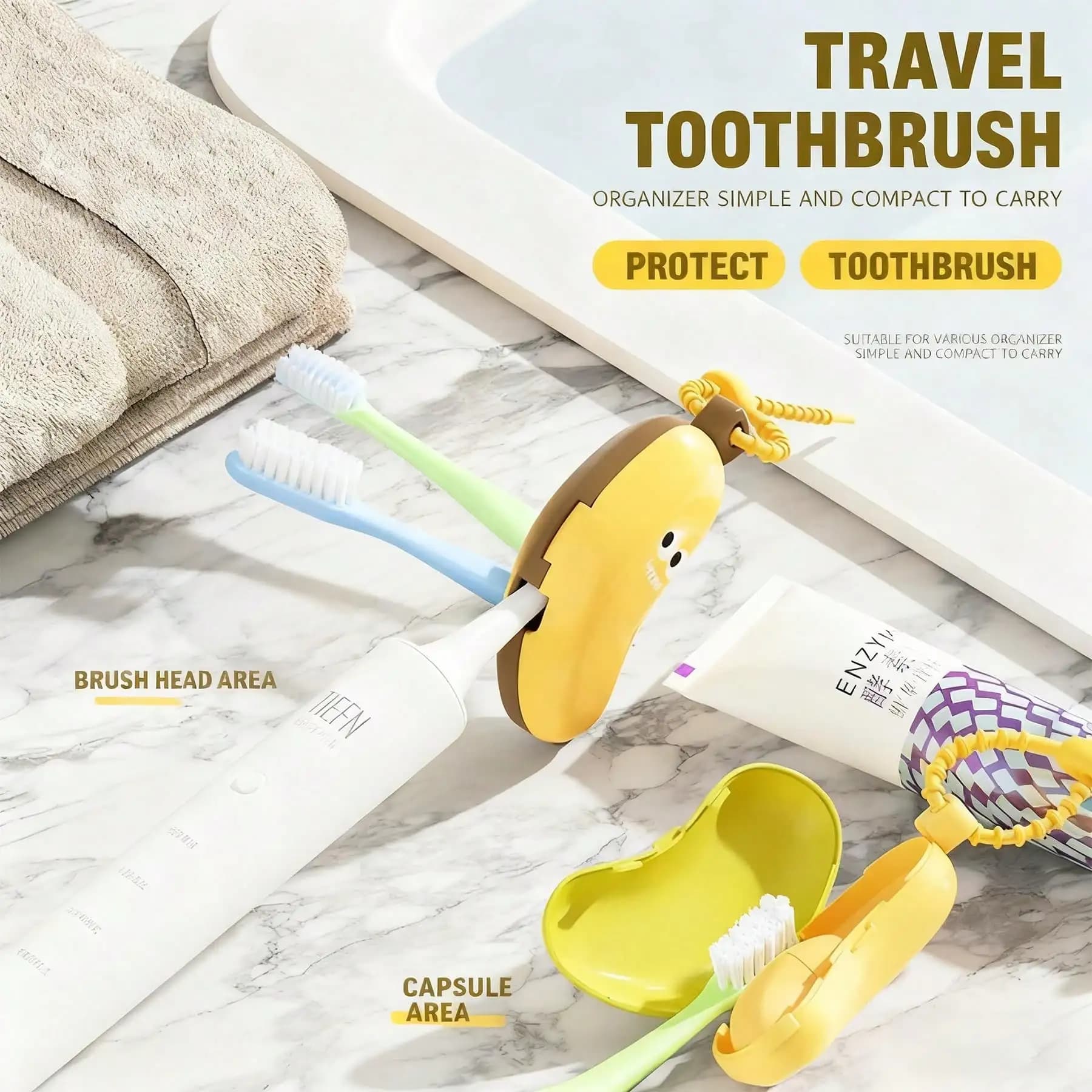 Portaspazzolino 2-in-1 salvaspazio a forma di banana, contenitore per dentifricio, custodia da viaggio portatile per viaggi