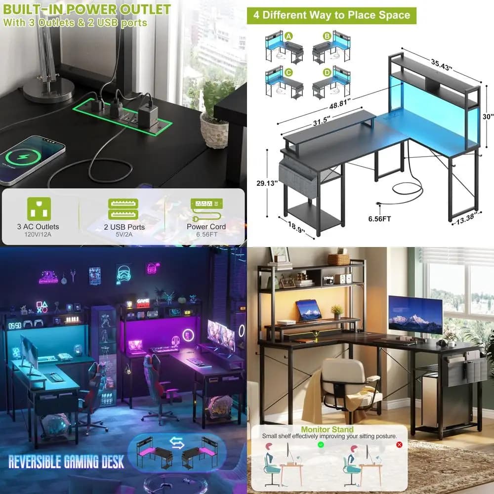 48-inch L Gaming Desk with Monitor Support, Storage Space and Current Takes - Black