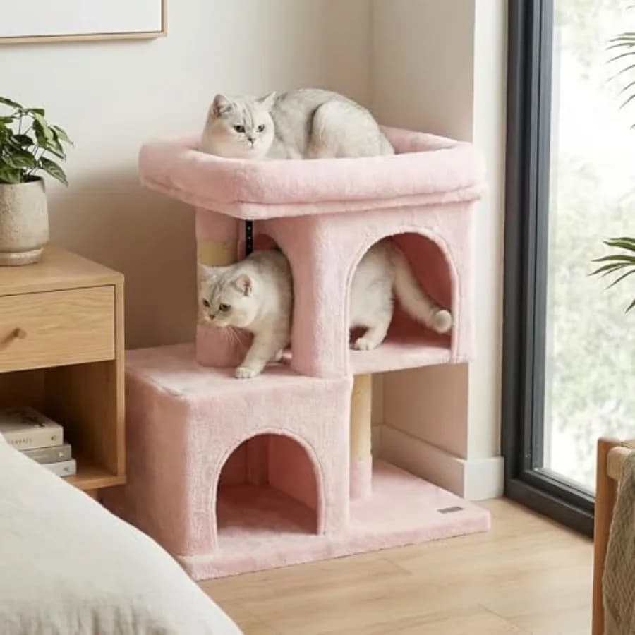25.5-inch Small Cat Tree, Modern Multi-Level Cat Tower with 2 Comfy Condos, Sisal Scratching Posts, Large Plush Top Perch, and