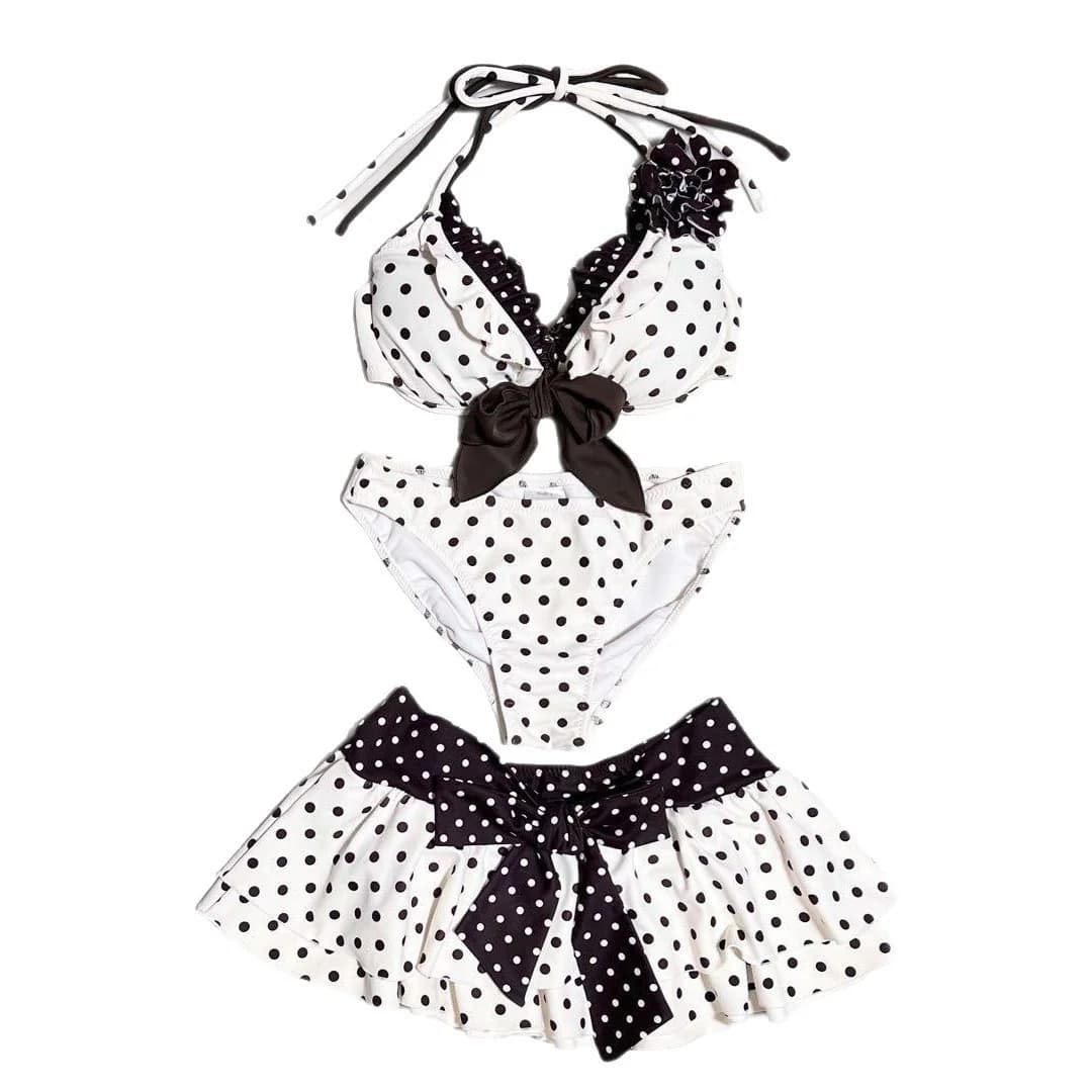 Summer 2026 INS new cute polka dot bikini fashionable and sexy backless collar tie top and skirt three piece set