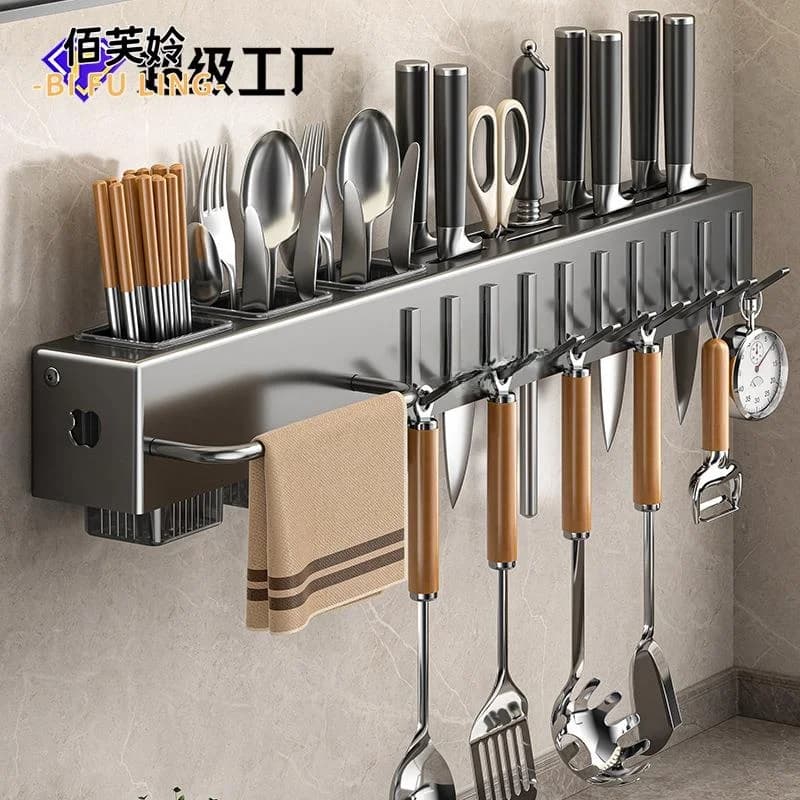 Multifunctional Wall Knives, Non Magnetic Kitchen shelf, Integrated Bacchette Door, Stainless Steel Organizer