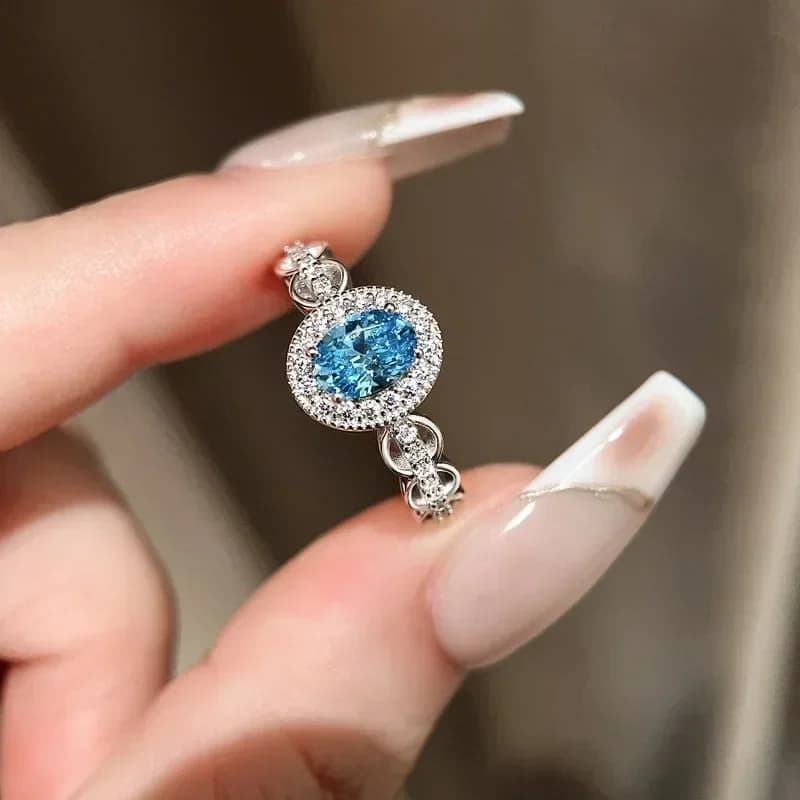 Anello di fidanzamento azzurro alla moda Anelli di zaffiro fresco ovale intarsiato con diamanti di alta qualità per gioielli di lusso da donna