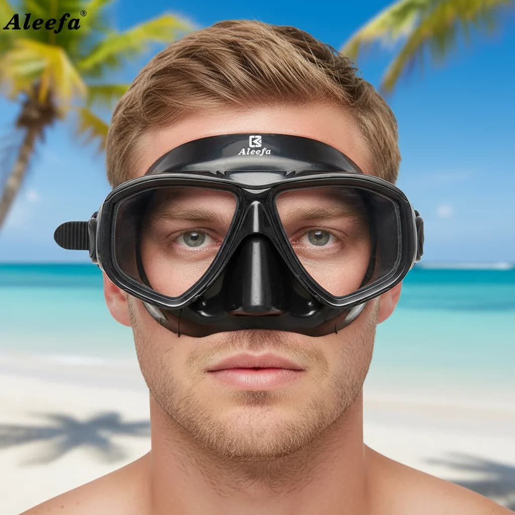Underwater mask for hypermetropia with tempered glasses lenses. Anti-fog spray, swim glasses for long-term immersion glasses with nose cover
